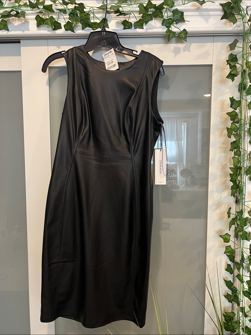 Calvin Klein Black Sleeveless Faux-Leather Sheath Dress